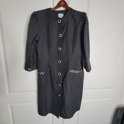 Vintage CB Black Collarless Round Neck Sheath Dress Trim Faux Pockets 14WP