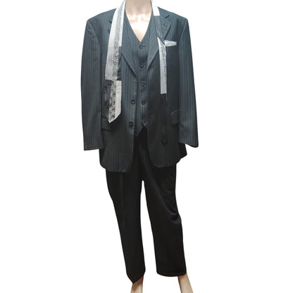 Vintage Vinci 4 pc Suit 40R Black Gray Pinstripe Jacket Vest Pants Necktie