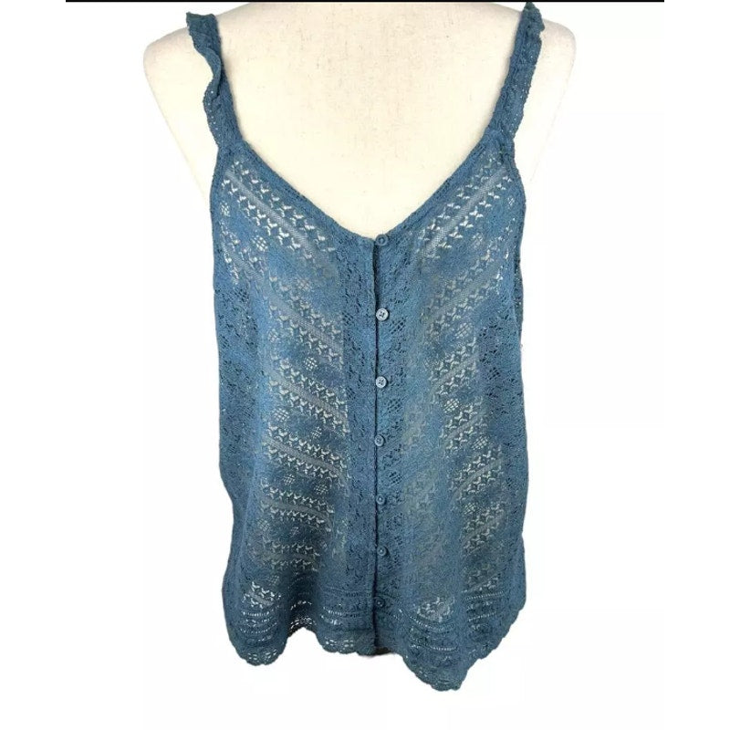 Hinge Size Medium Blue Tank top crochet style lace button sleeveless