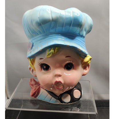 Vintage Blue Chef Hat Child Head Vase Planter Kitschy Ceramic EO Brody A-1541