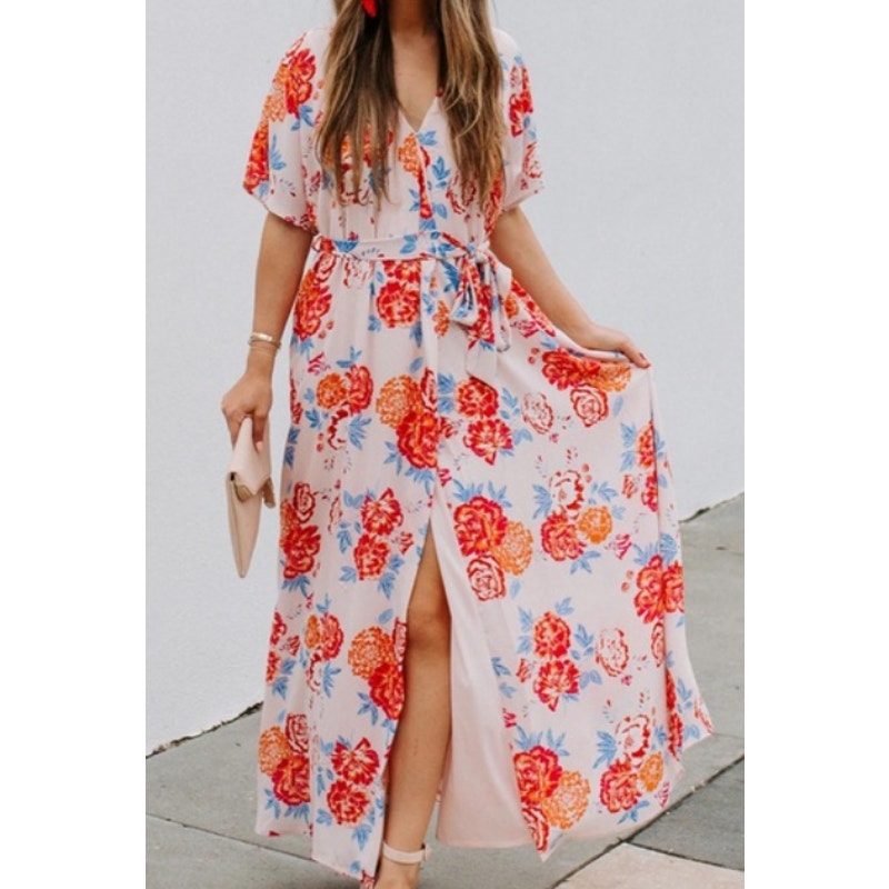 NWT Collective Concepts Floral Print Wrap Maxi Dress in Pink/Coral Size Large