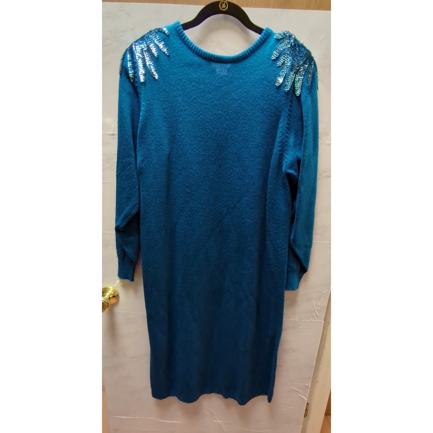 Vintage Plain Jane Size Medium Blue sweater dress Sequin epulets shoulders 1980s