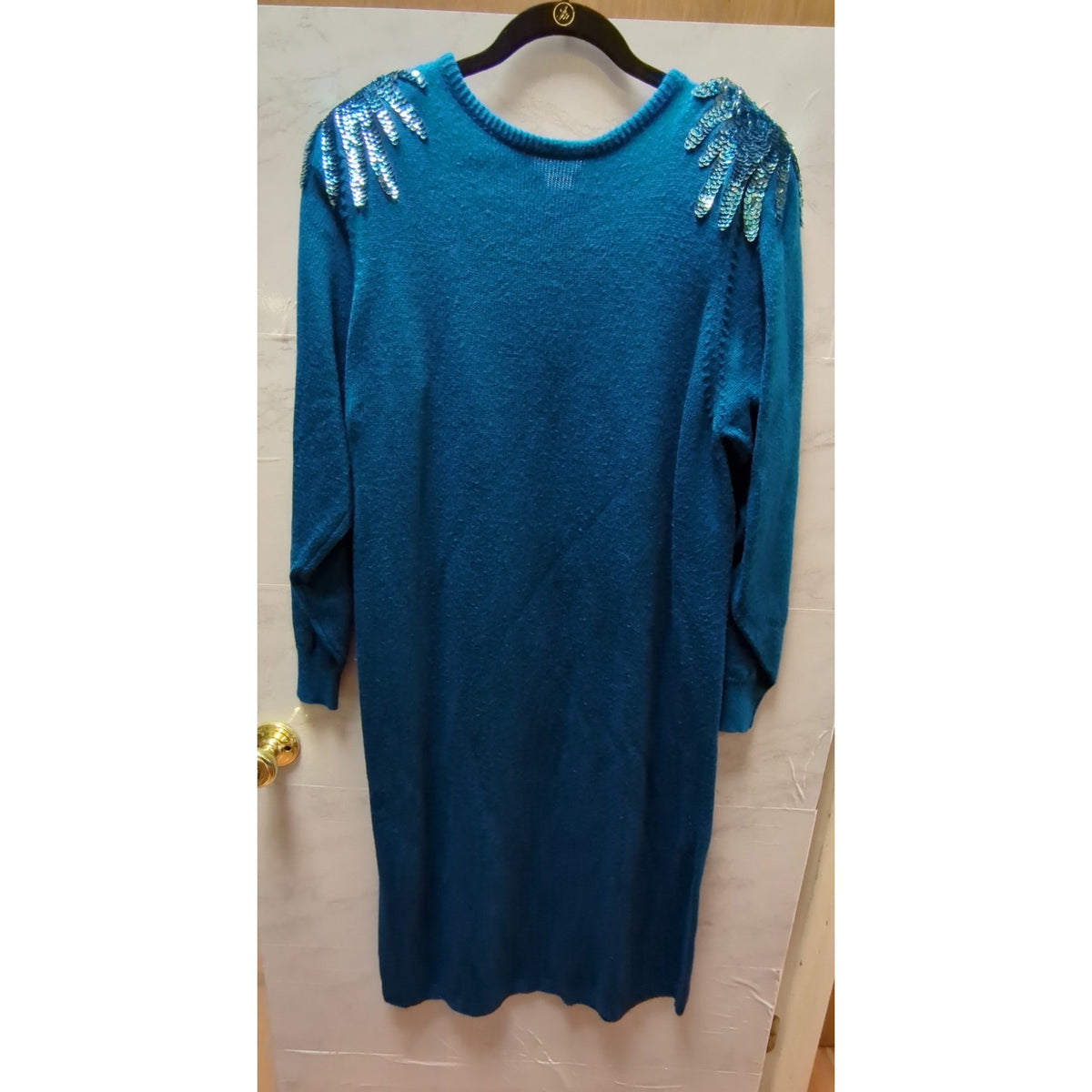 Vintage Plain Jane Size Medium Blue sweater dress Sequin epulets shoulders 1980s