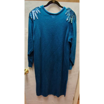 Vintage Plain Jane Size Medium Blue sweater dress Sequin epulets shoulders 1980s