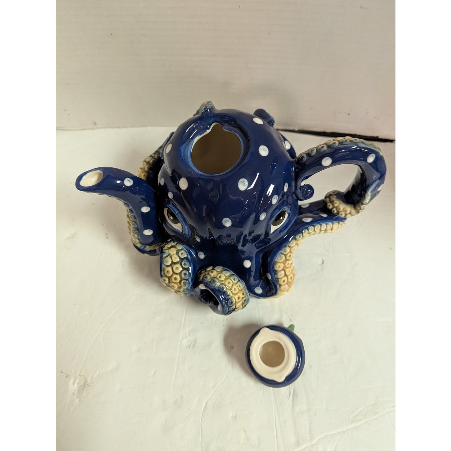 Blue Sky Claywork Blue Octopus Ceramic Teapot Polka Dot Nautical Coastal Novelty