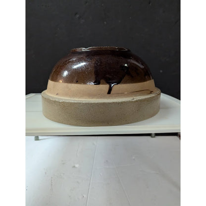 Vintage Brown Salt Glaze Stoneware Mixing Bowl 8.5” slotted rimmed bottom