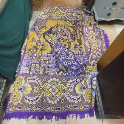 Vintage Regal Purple Peacock Tapestry Throw Blanket 80" x 89" Fringe Queen King