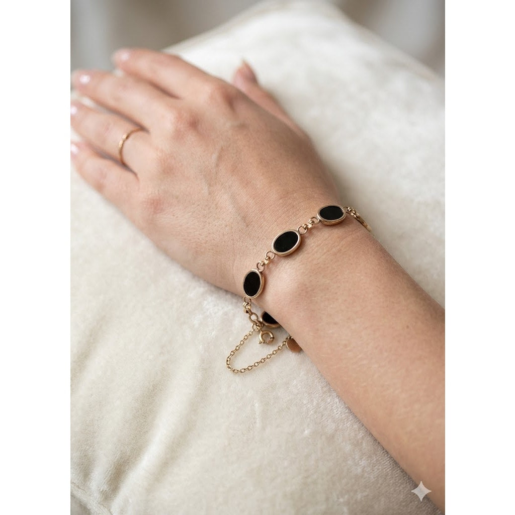 Vintage 12K Gold Filled Black Onyx Oval Link Bracelet Antique Co MidCentury Glam