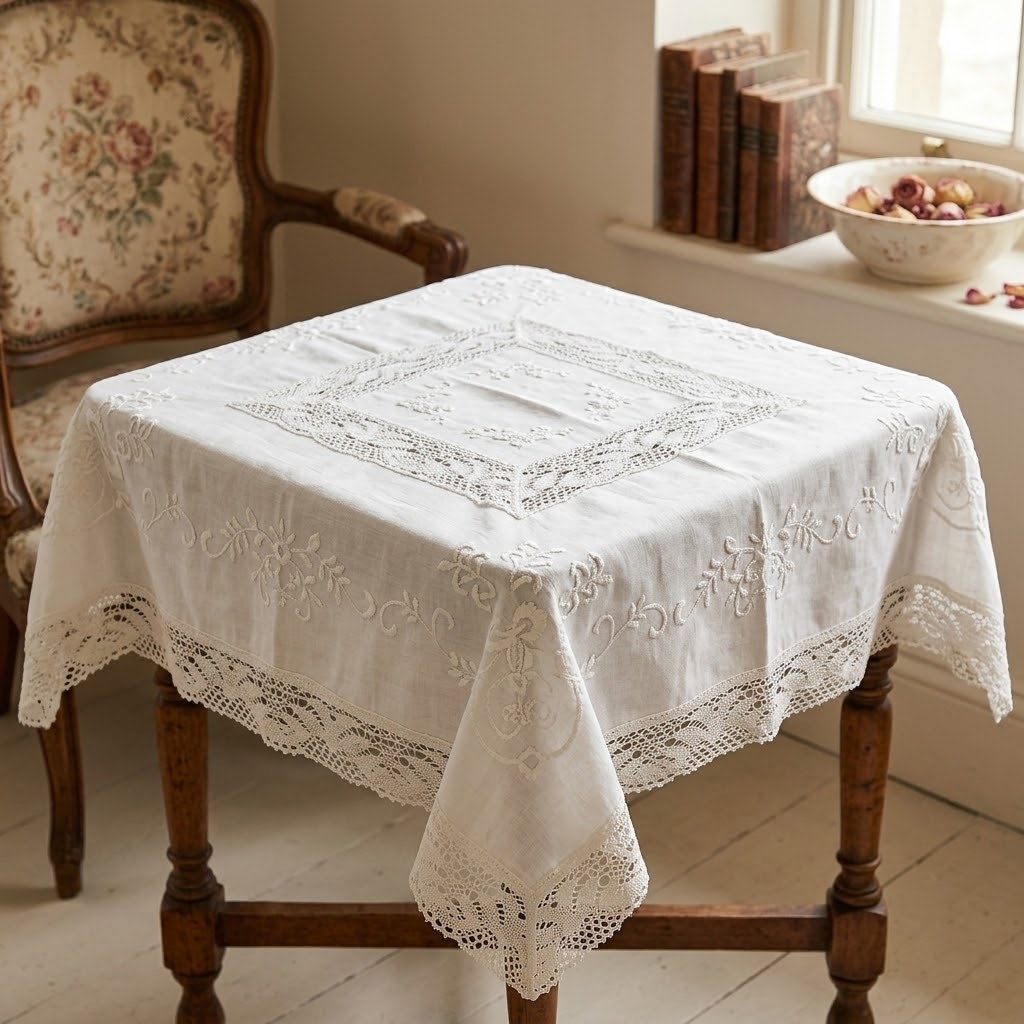 Vintage Linens 70s Tablecloth Hand Embroidery Lace Detail 36" x 36" SQUARE White