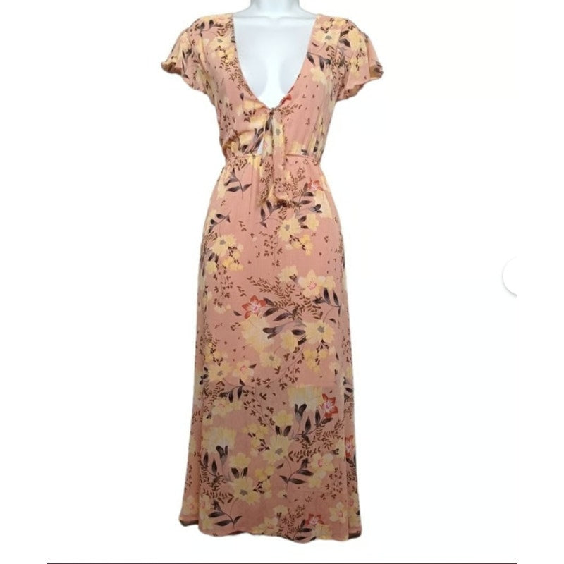 Love, Fire VNeck Large Floral Dress Flutter Sleeve Keyhole Detail Peachy Elastic