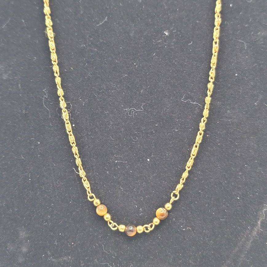 Vintage Gold Tone Link Necklace with Beaded Tiger Eye Accents Mid-Century