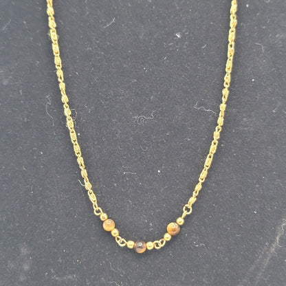 Vintage Gold Tone Link Necklace with Beaded Tiger Eye Accents Mid-Century