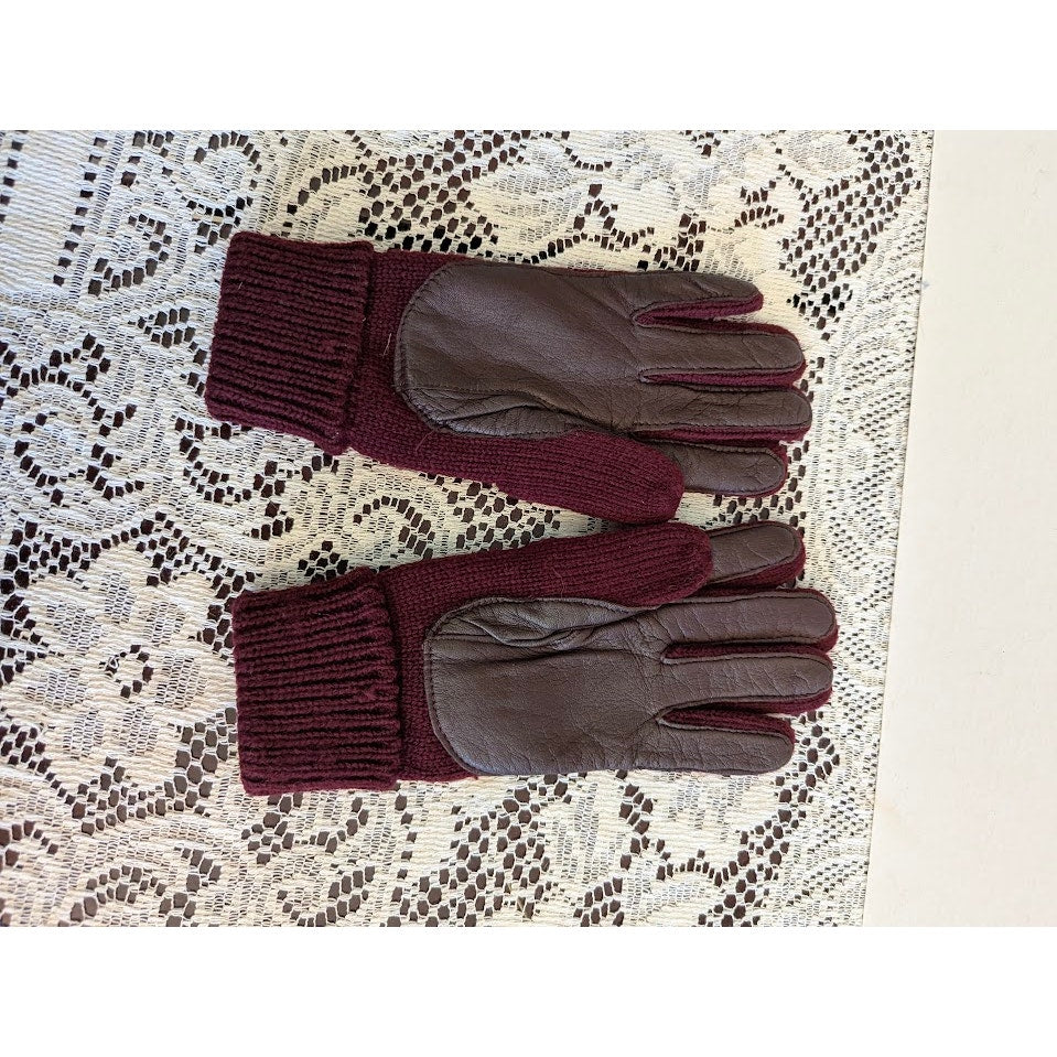 Vintage Aris Plum Knit Leather Palm Gloves Size 6 / 6.5 Small Burgundy One Size