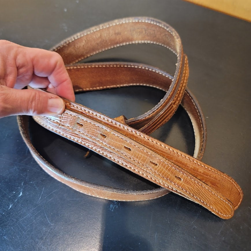 Vintage Dun Dee Brown embossed Snake Ranger Belt Overlay strap gold Size 44
