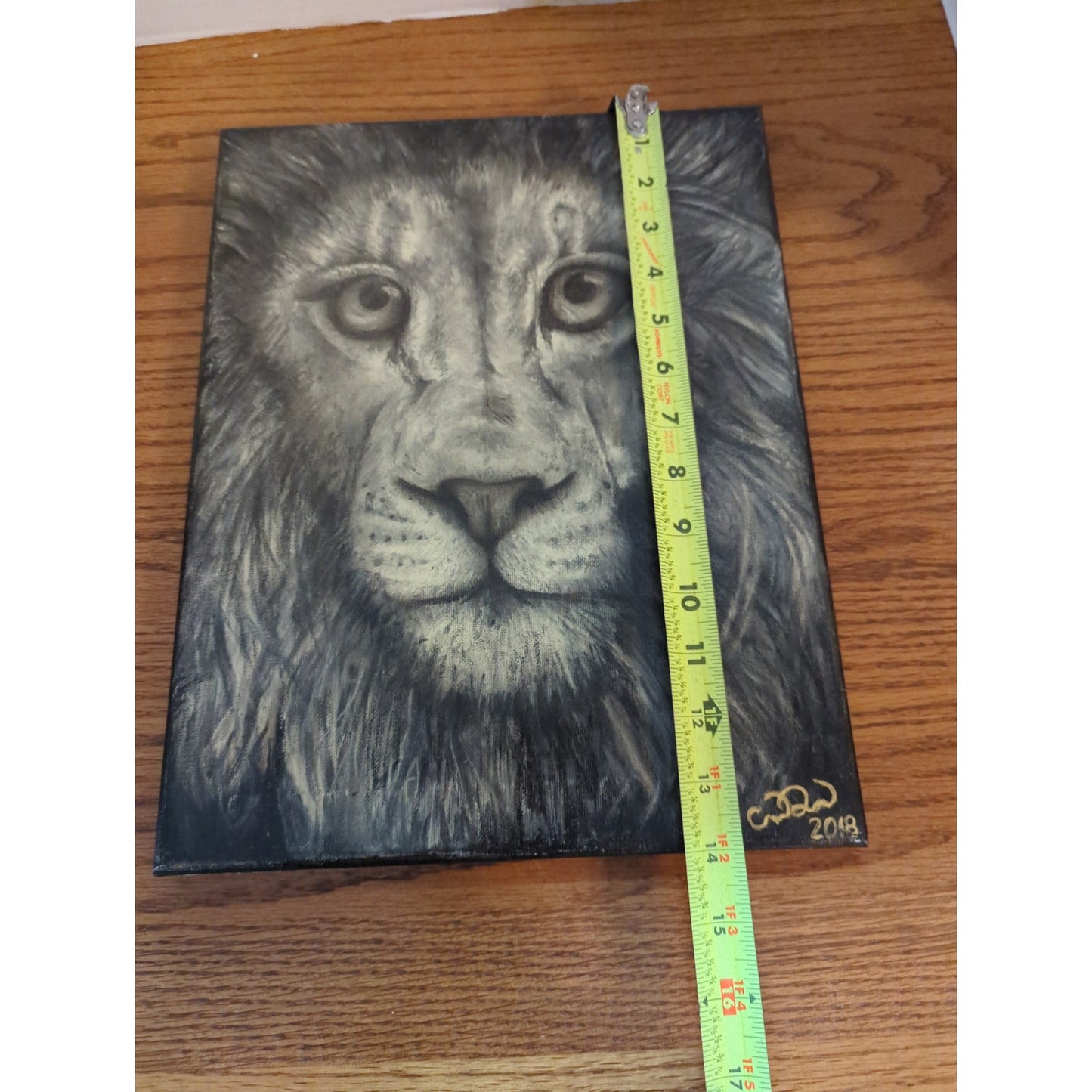 Original Signed Lion Face Canvas Painting Monochromatic Black & White Art 2018