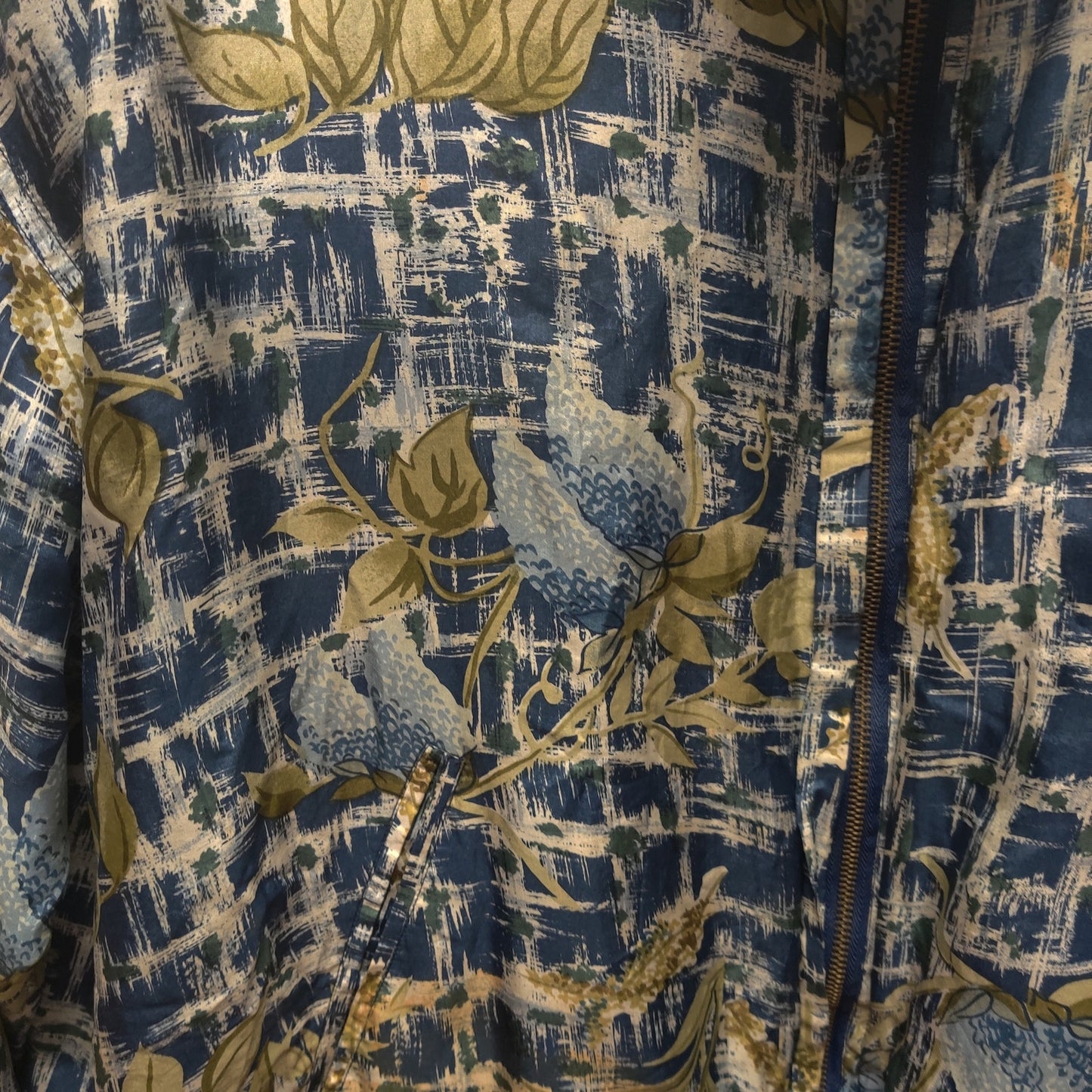 Active Studio Vintage Blue Gold Abstract Floral 100% Silk Bomber Jacket XL Y2K
