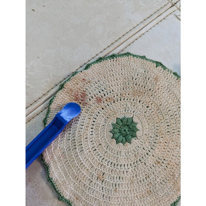 Vintage Crocheted Green Cream Trivet doily Star pattern raised 9" round Cabin