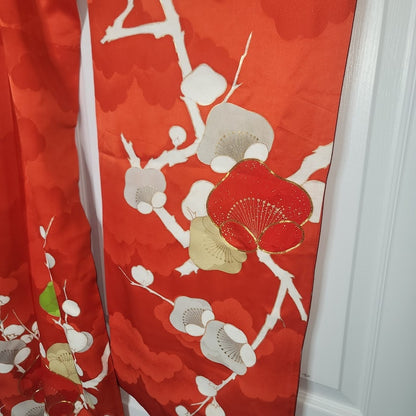 Vintage Silk Furisode (long sleeve) Kimono Robe Orange Gold Red Plum Blossom