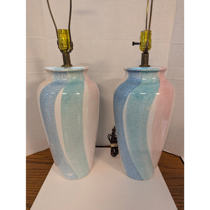 Vintage Montgomery Ward Pastel Ceramic Table Lamps Set Blue Pink Swirl Retro