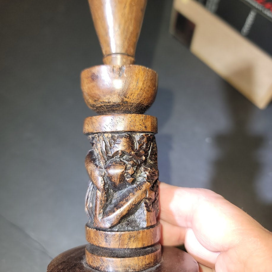Vintage 7" Hand carved wood taper candlestick holder Carved Tribal figure