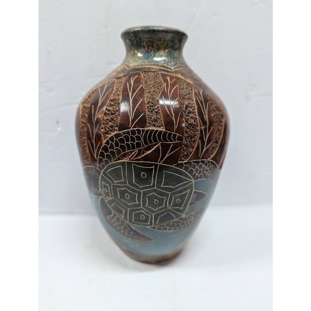 Hand Incised etched Vase Fish Turtle Clay pottery signed Cristina Amador