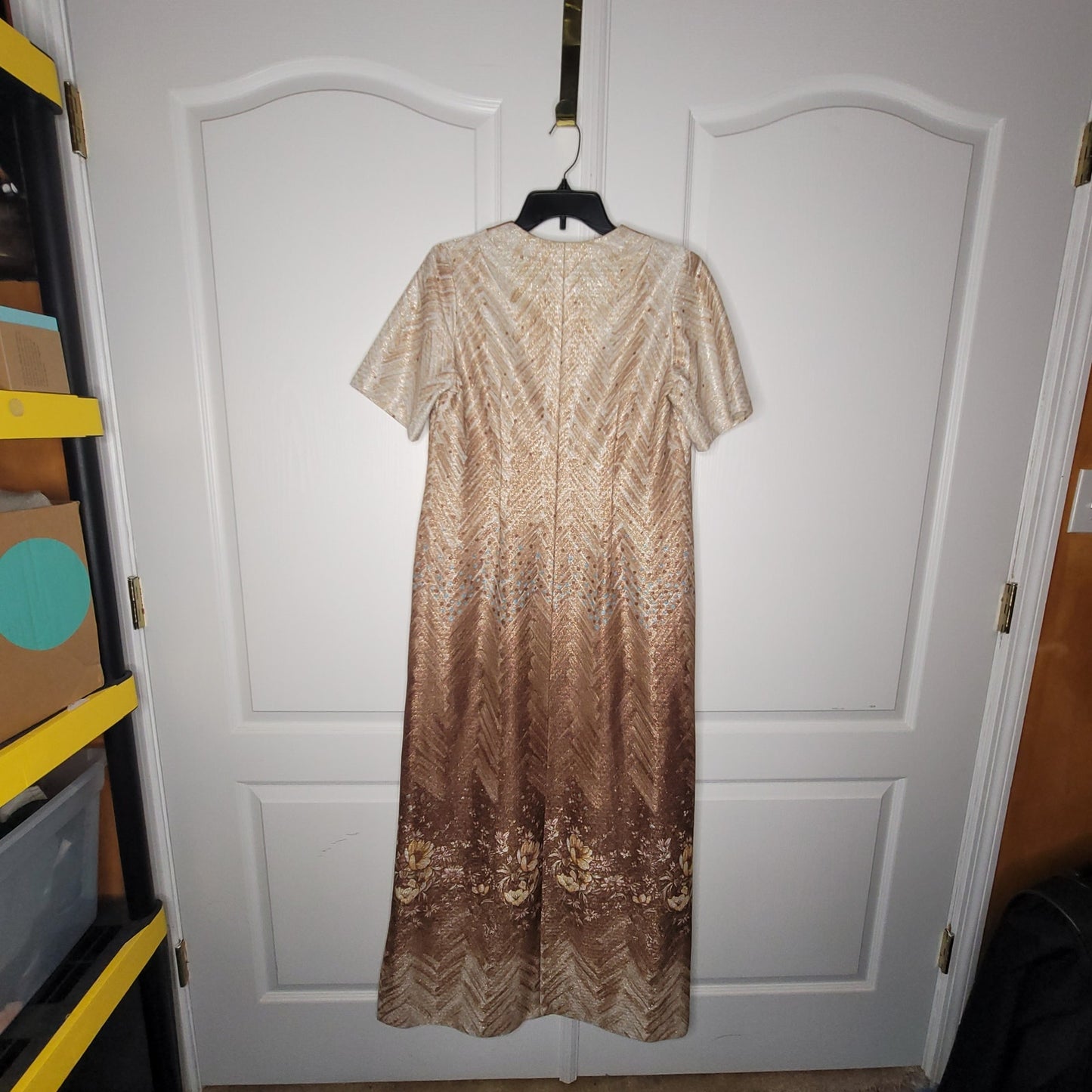 Vintage Handmade Brown Ombre Metallic Chevron Maxi Dress Extra Large XL 1970s