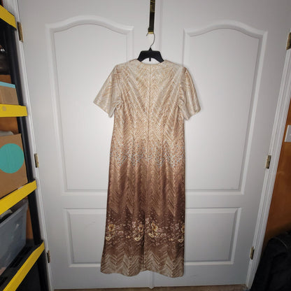 Vintage Handmade Brown Ombre Metallic Chevron Maxi Dress Extra Large XL 1970s