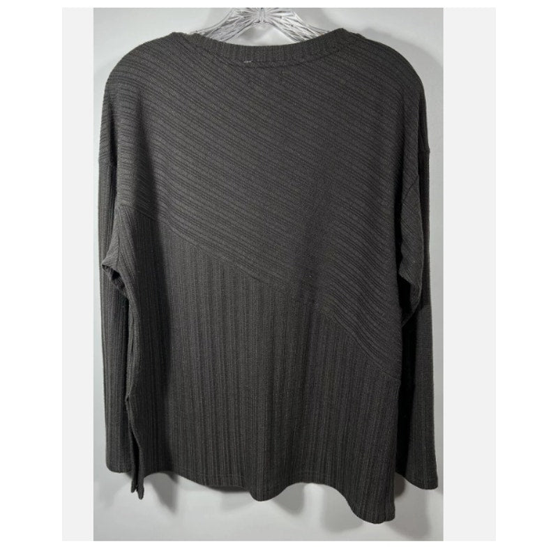 Melloday Women Grey Striped Long Sleeve Boat Neck Side Slit tunic Top Ribbed NEW