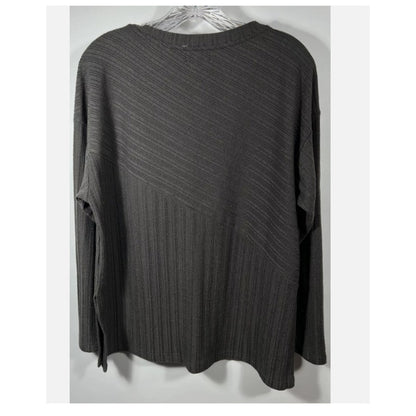 Melloday Women Grey Striped Long Sleeve Boat Neck Side Slit tunic Top Ribbed NEW