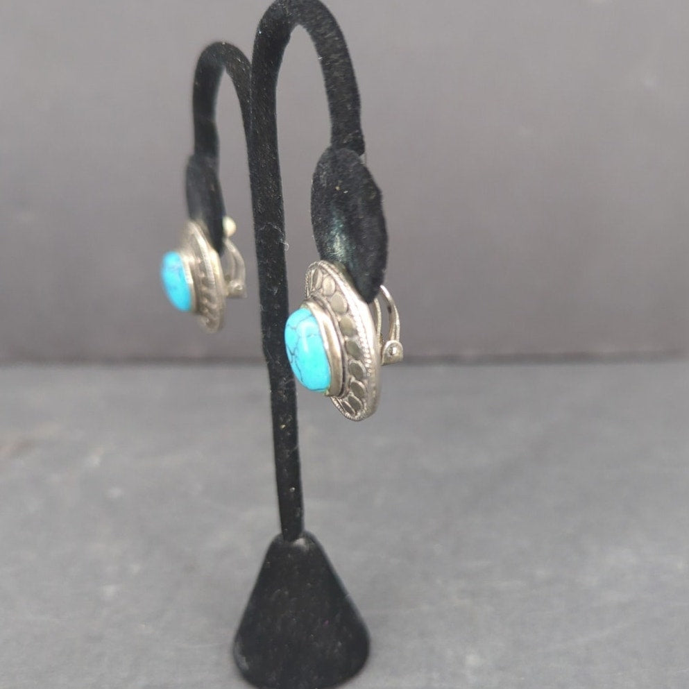 Vintage Turquoise Faux Stone Silver Tone Drop Earrings Boho Cowgirl Western