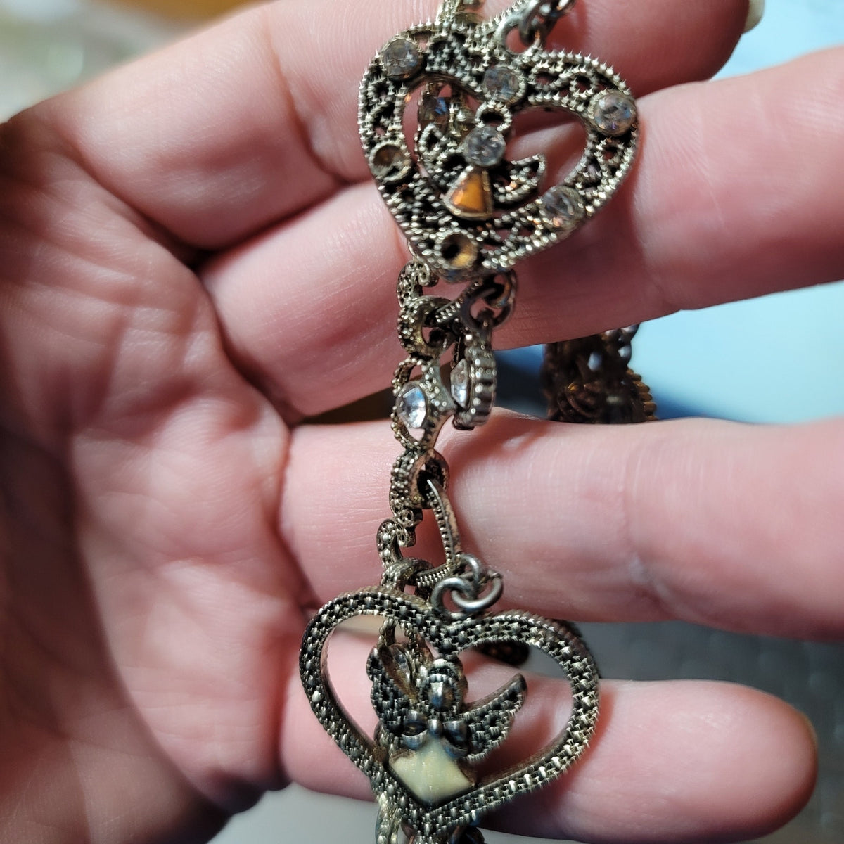 7" Vintage Gold-Tone Filigree Heart & Angels Charm Bracelet Coquette Victorian