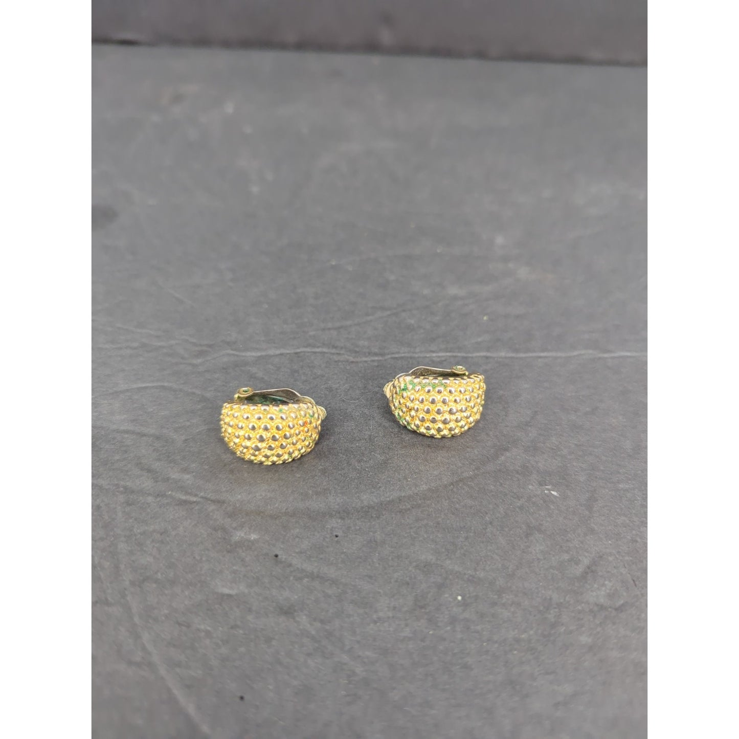 Vintage Gold Tone Textured Beaded Chunky Crescent Half Hoop Drop Earrings Retro