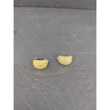 Vintage Gold Tone Textured Beaded Chunky Crescent Half Hoop Drop Earrings Retro