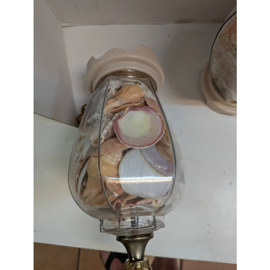 Pair Vintage Coastal Beach House Sea Shell Filled Glass Table Lamps Nautical