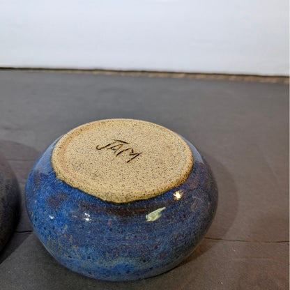 Studio Pottery Signed JAM Blue Speckled Glazed Bowls Set of 2