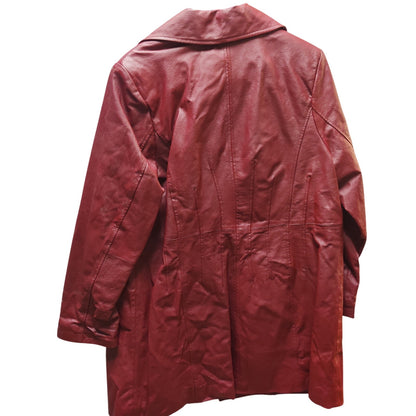 Vintage Woman Within Red Leather Button Front Mid Length Trench Coat Jacket 14W