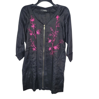 Parno Black Full Zip Tunic Black Pink Embroidery Floral Long Sleeve Medium