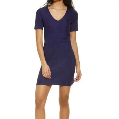 NSR Stretch Knit Mini Dress SMALL V-Neck Short Sleeve Empire Waist Cobalt NWT