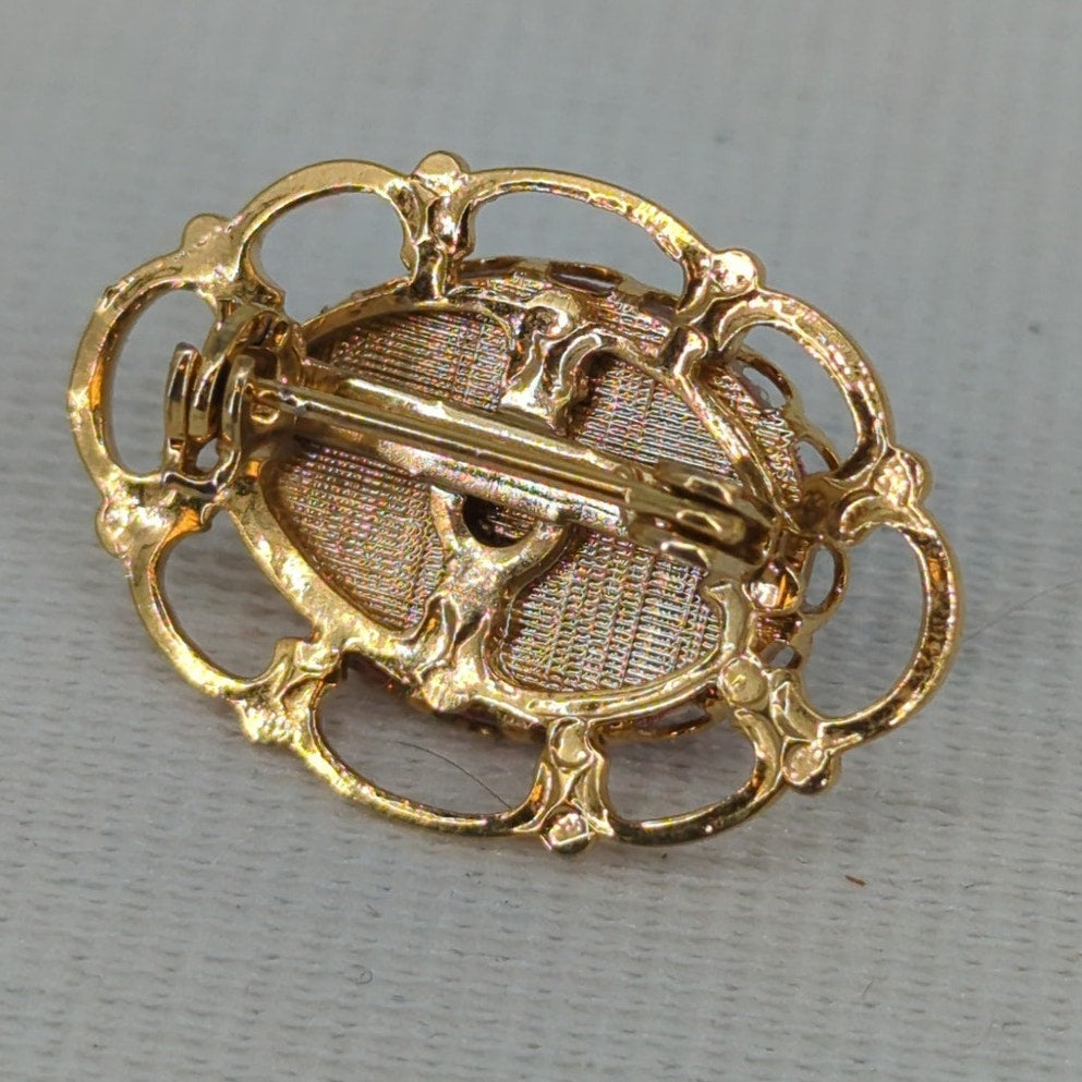 Vintage Gold-Tone Floral Rose Cabochon Brooch Pin Flower Oval
