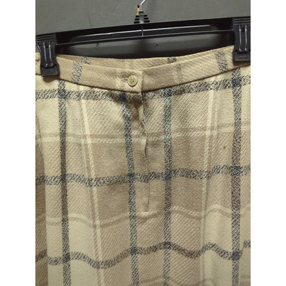 Vintage 70s Plaid Knee LengthSkirt Academia Beige Tartan Pleated Size Medium