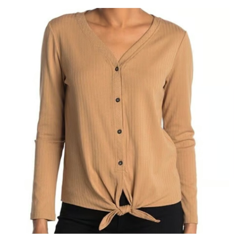 VELVET Heart Small Textured tan Waist Tie Blouse Top Long sleeve Faux button Up