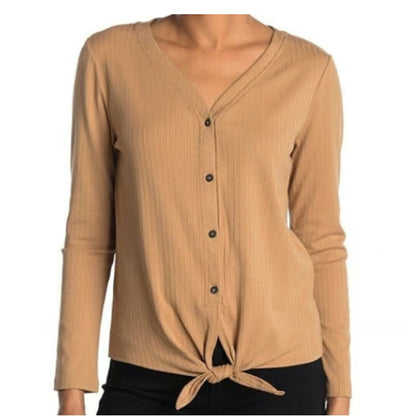 VELVET Heart Small Textured tan Waist Tie Blouse Top Long sleeve Faux button Up