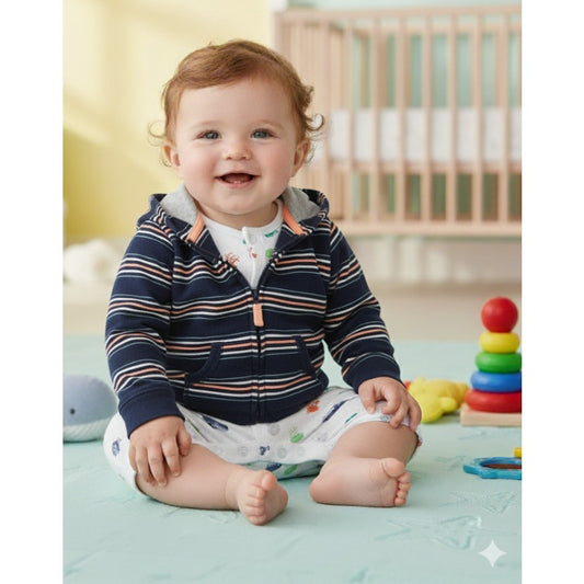 NWT Carters New Born Baby Unisex Stripes Blue Jacket Hoodie Front full Zipper