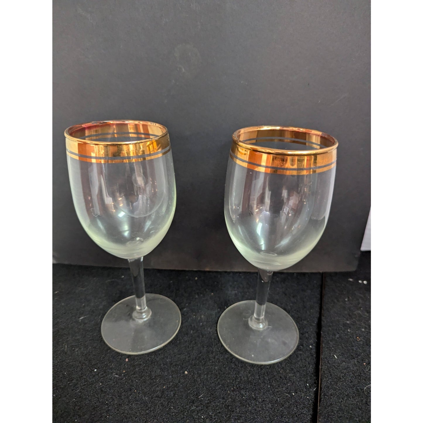 Vintage Mid-Century Gold Rim Crystal Wine Glasses Hollywood Regency Goblets Pair