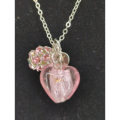 Vintage Silver Tone Pink Glass Heart Charm Necklace Boxed