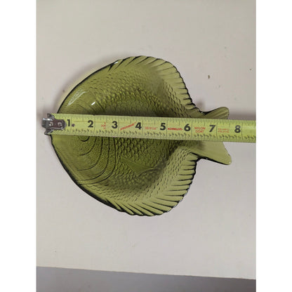Vintage Olive Green Glass Fish Shaped Dish Ashtray Or Trinket Dish Coastal Beach