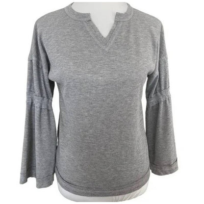 Baea Los Angeles Raw Seams Waffle Thermal Bell Sleeve Top Sz LARGE Grey NWT