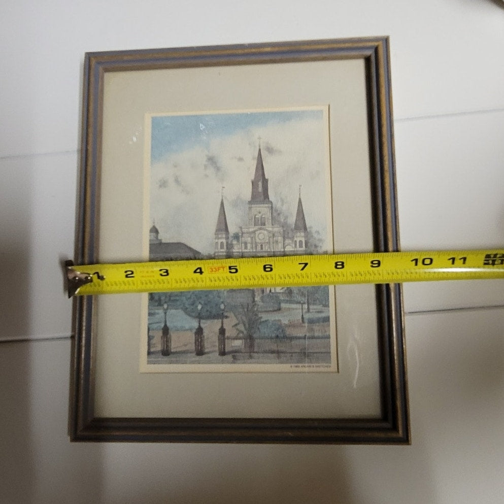 1983 Archies Sketch St. Louis Cathedral New Orleans Blue Framed Print 11.6"x9.6"