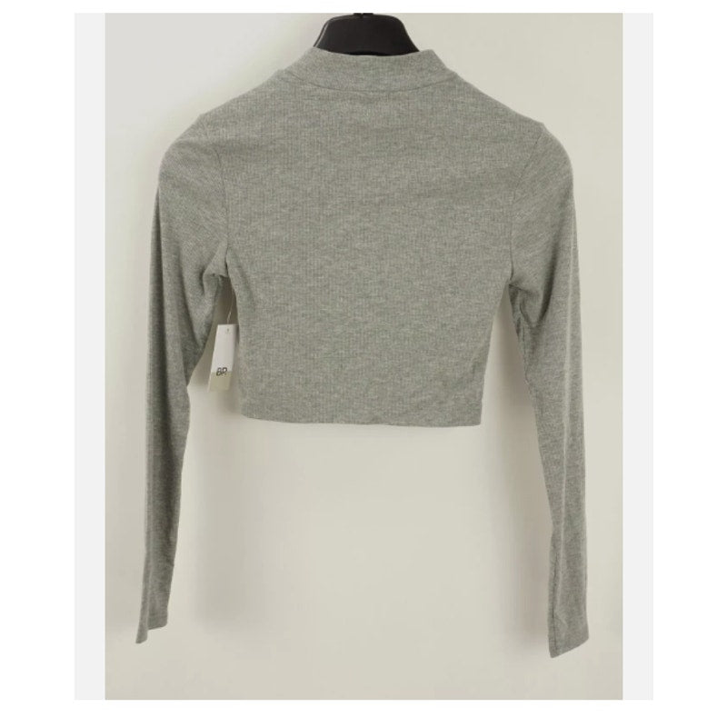 New BP Size SMALL Long Sleeve Gray Heather Rib Knit Stretch Mock Neck Crop Top