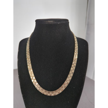 Vintage 80s Brutalist Gold Tone Brick Link Necklace Textured Flat Chain 18"